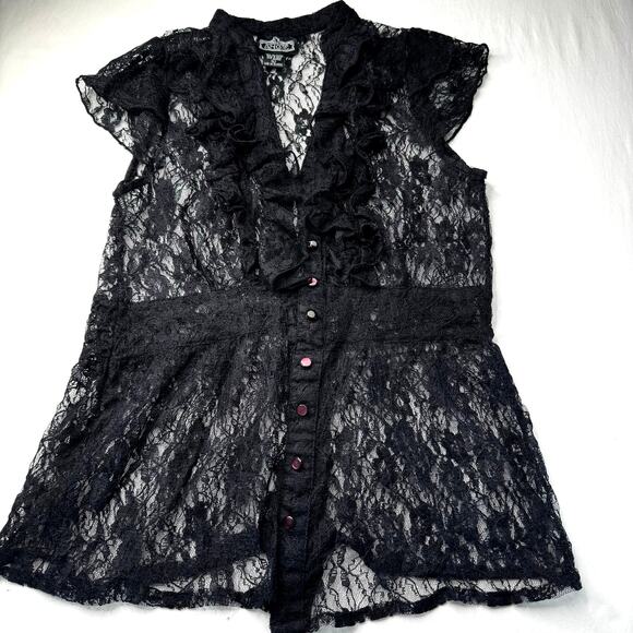 Black Lace Top Med Sheer Ruffles Romantic Goth Y2K Victorian Vampcore Angie - Picture 5 of 8